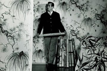 Dietrich in from of a decorative wall, c. 1950