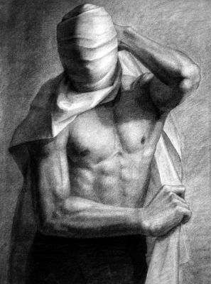 Black and white male torso with head wrapped
