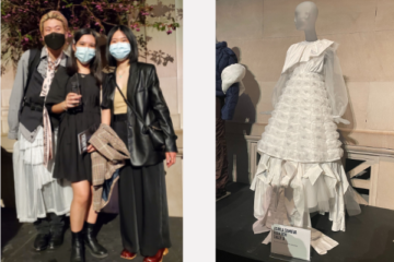 Asayla Samieva, Glen Roh, and Sally Li and the dress they designed for a Met Museum contest