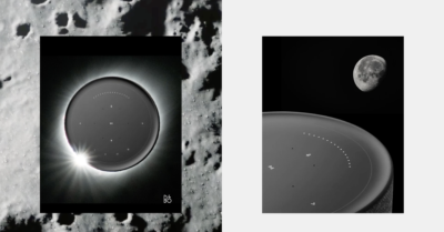 Black and white images of a speaker superimposed over the moon's surface