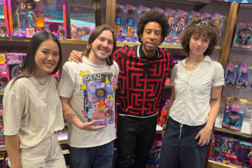 (From left) FIT fashion and accessories design alumni Juliana Bui, Jake Valliere, and Desiree DiCarlo join Chris (Ludacris) Bridges during the FAO Schwarz "Kick It with Karma's World" event celebrating the launch of the toy line.