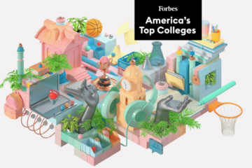 illustration of college campus using college symbols; Forbes logo