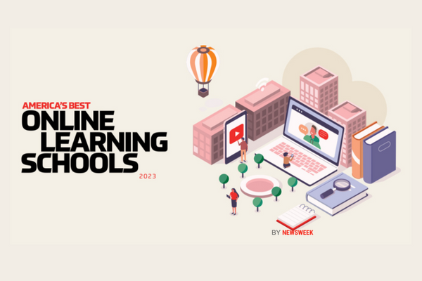 text that says Best Online Learning Schools and illustration of campus using laptops and phones for the campus