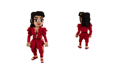A digital rendering of an avatar wearing a red jumpsuit.