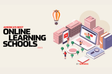 text that says Best Online Learning Schools and illustration of campus using laptops and phones for the campus