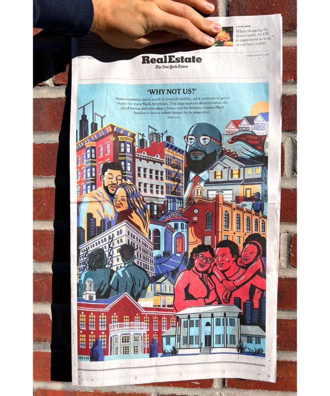 The cover of the New York Times Real Estate section with John Dessereau's illustration