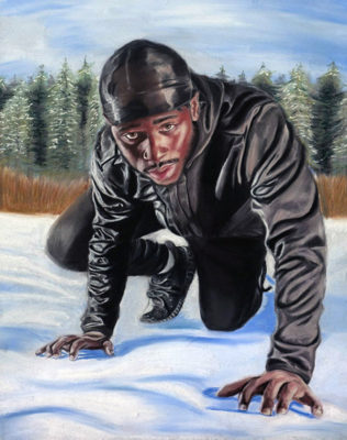 painting of a Black man down on his hands and knees, looking at the viewer
