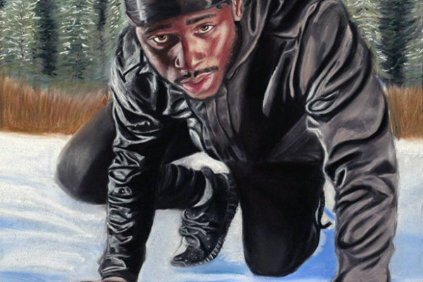 Painting of a black man crouching on snow