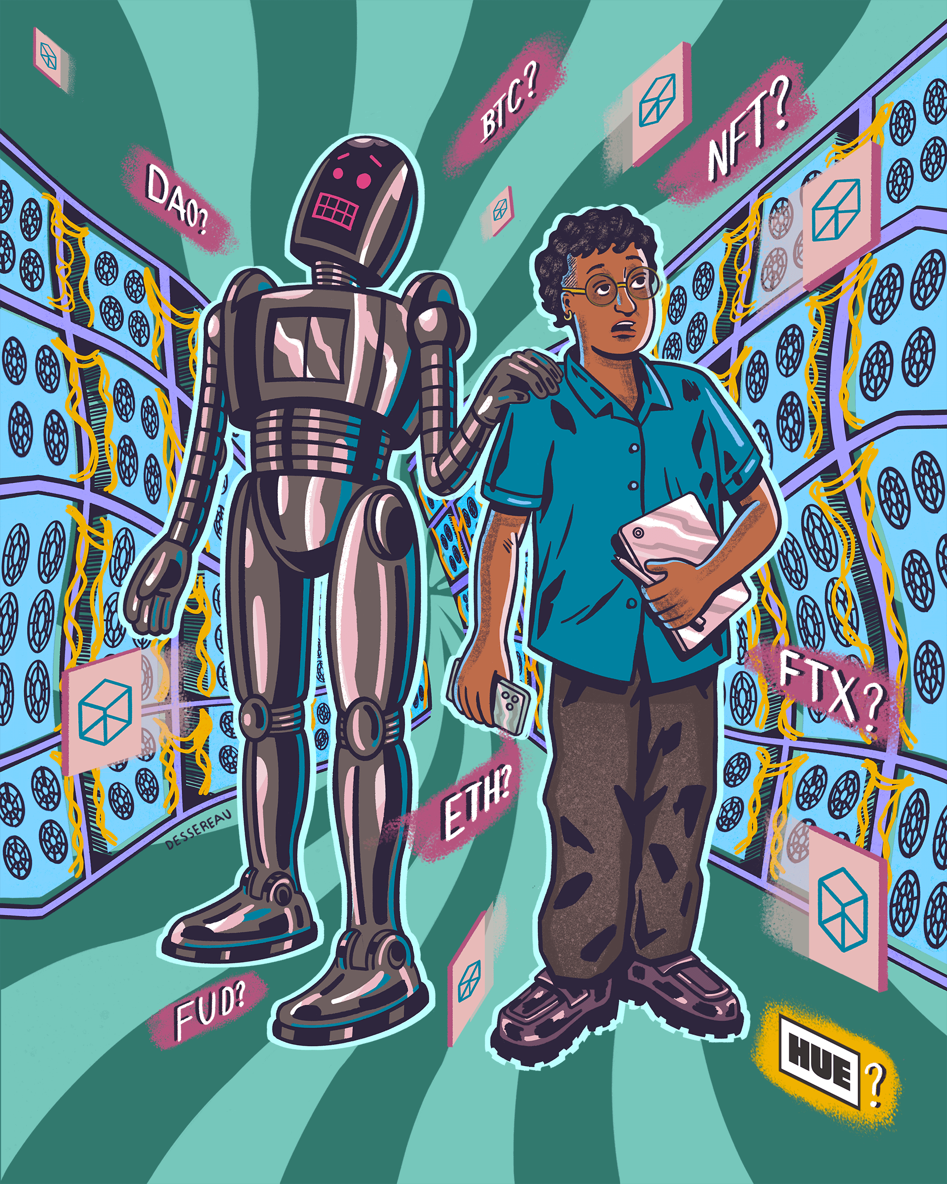 cover of Hue magazine featuring an illustration of a robot and man