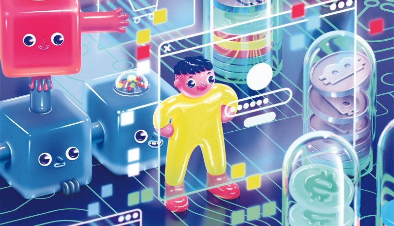 illustration of man in playful, fanciful technology scene
