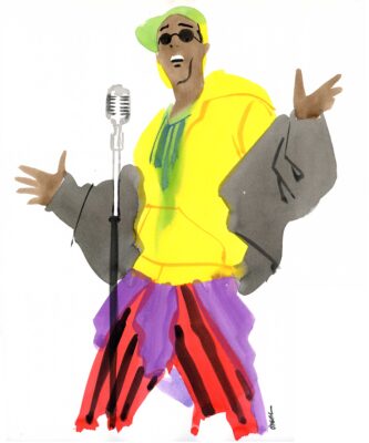 Illustration of a rapper wearing yellow and red