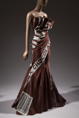 dress that looks like a Hershey chocolate bar wrapper on a mannequin