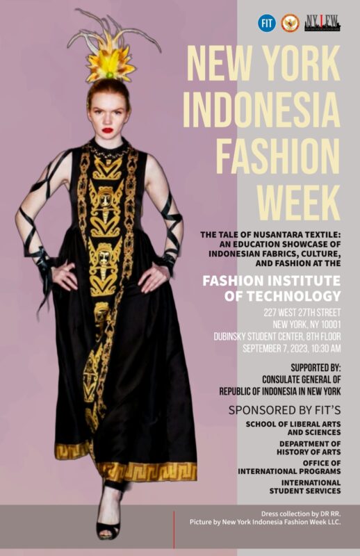 flyer for Indonesia Fashion Week event with woman wearing gown by Indonesian designer