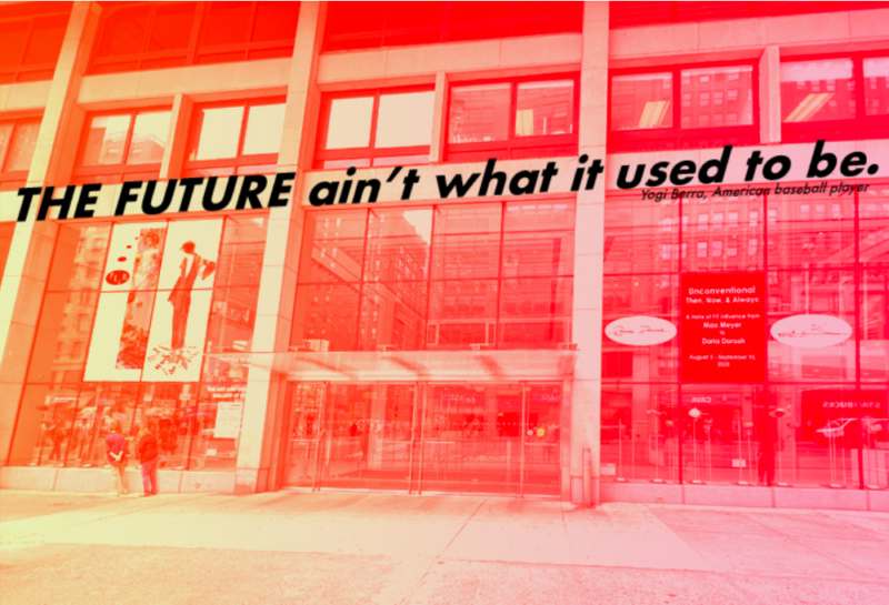 front of Pomerantz Center with color treatment and Yogi Berra quote: The Future ain't what it used to be.