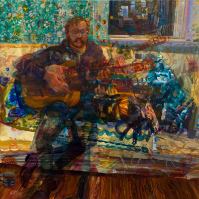 Oil painting of a man playing guitar surrounded by colorful walls