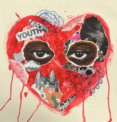 artwork of a heart with two eyes looking through it and the the word 'youth' enscribed on it with other collaged features