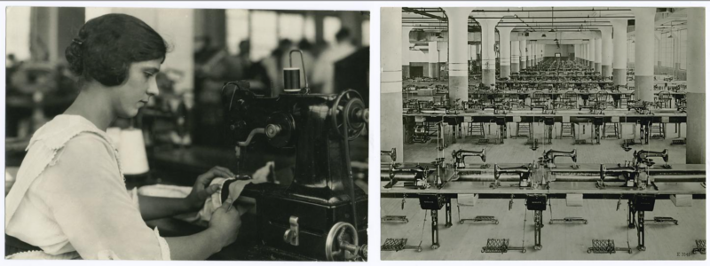 vintage photo of a woman at a sewing machine; another black and white photo with rows of sewing machines in an early garment factory