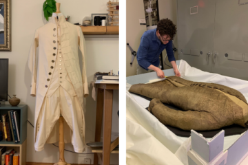 DePaola's reconstruction of Washington's inauguration suit and DePaola with the original suit in a lab