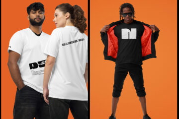 A composite image; on the left, a man and woman in white T-shirts; on the right, a man in a black T-shirt and black shorts.