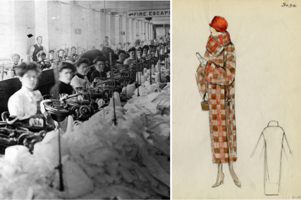 black and white photo of female garment workers in rows at sewing machines; fashion illustration of a figure in a coat