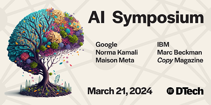 AI Symposium flyer with an illustration of a tree that is shaped like a brain and list of speaker/contributor names: Google, Norma Kamali, Maison Meta, IBM, Marc Beckman, Copy Magazine
