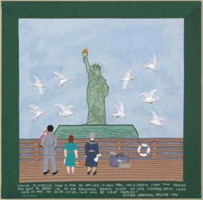 fabric art of figures standing on a boat looking at the statue of liberty with gulls circling