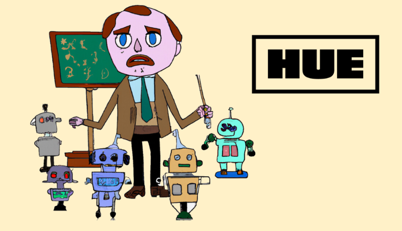 childlike illustration of sad professor trying to teach small robots in front of a chalkboard; Hue logo