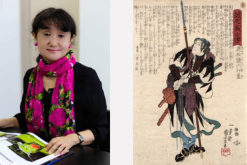 Yuni Kawamura and a woodblock print of a samurai surrounded by Japanese script