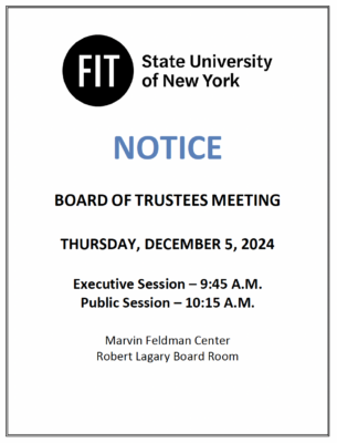 Flyer for FIT Board of Trustees meeting announcing date and time