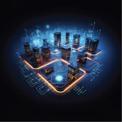 illustration of a digital city on a motherboard