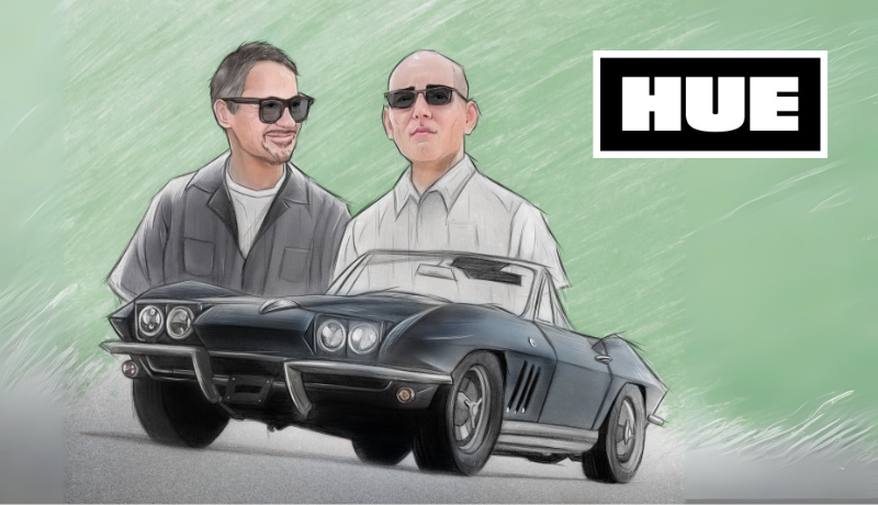 illustration of Robert Downey Jr. and Chris Mazzilli with a vintage Corvette; Hue logo