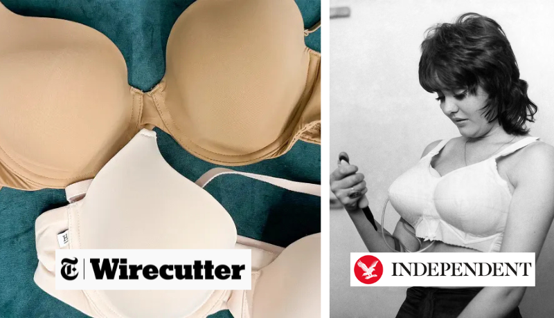 right image shows two bras on a blue background with the Wirecutter logo; the other image shows a vintage photograph of a woman pressing a button to inflate a bra and the Independent logo