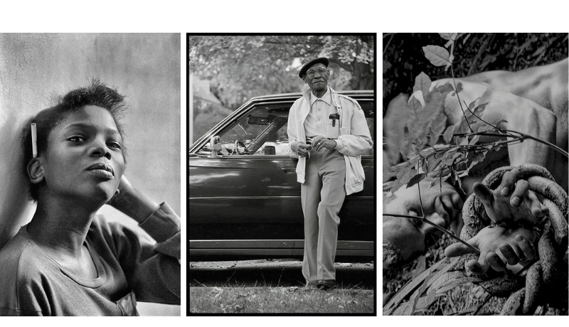 Three B&W portraits by Adrian Jones. Thirteen, a girl. Mr. Smith, an elderly man beside a classic car. Roots of Nature, outstretched hands wrapped in roots and vines.