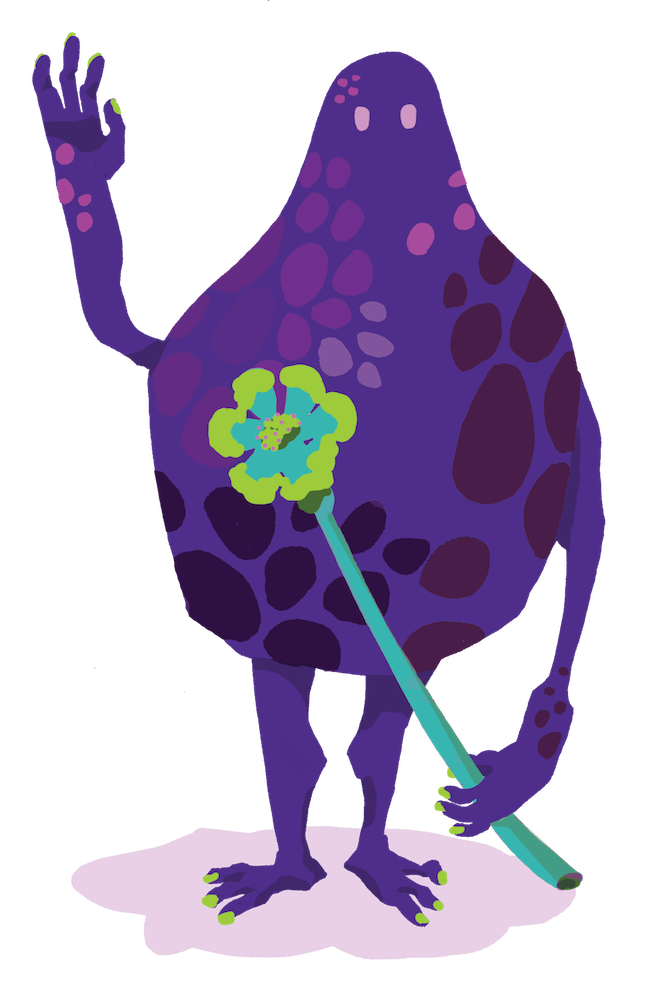 illustration of Huebert, a purple monster holding a green flower