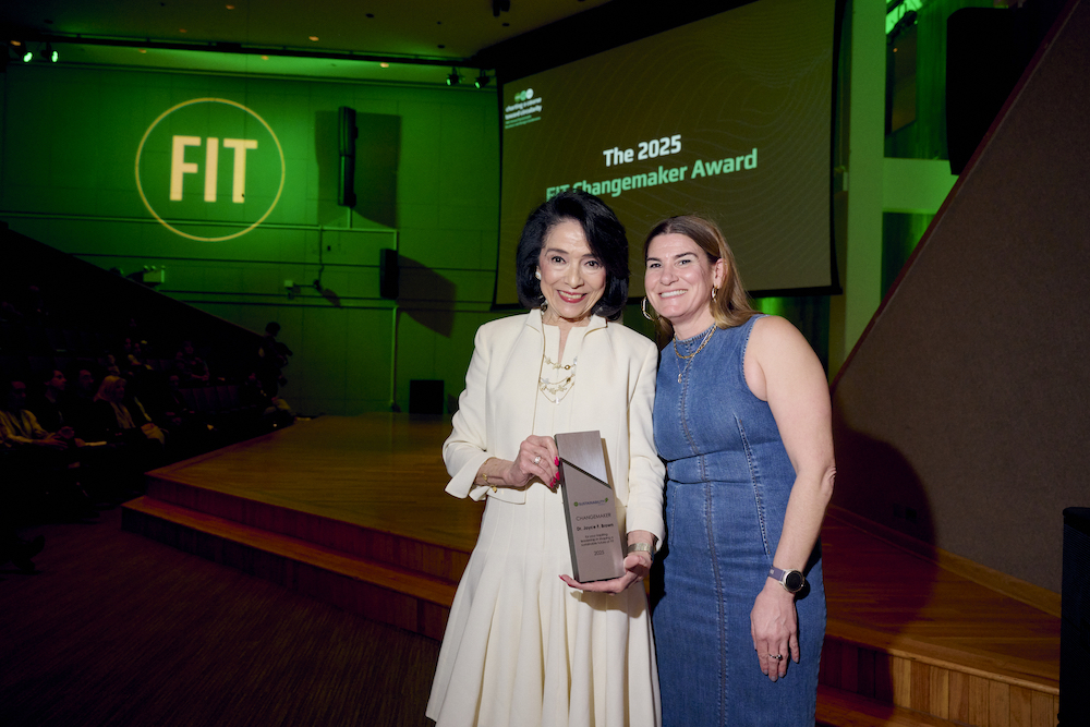FIT President Joyce F. Brown with Sustainability Council Chair Karen R. Peterson at the FIT Changemaker Award ceremony, where Dr. Brown received the award for her legacy of contributions to sustainability at FIT.