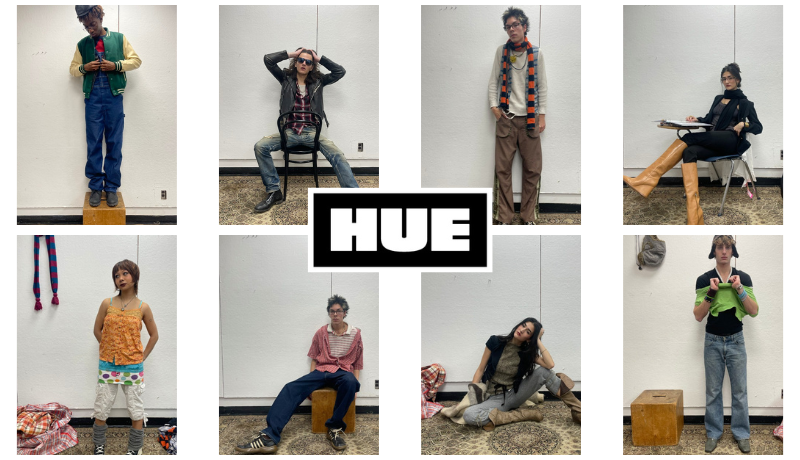 collage of images of FIT students in the styles of clothes they like to wear; Hue logo