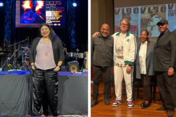 Elena Romero stands in front of a conference table at PopCon 2025; Emil Wilbekin stands with participants in a panel discussion onstage at PopCon 2025