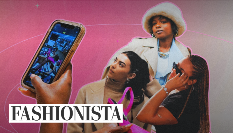 hand holding a phone, three stylish students looking off; Fashionista logo