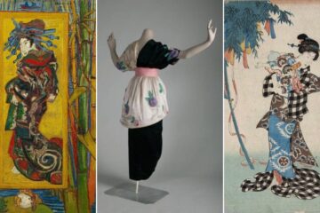 This triptych includes, at left, a reproduction of Vincent Van Gogh's painting "Courtesane," which features a Japanese woman wearing a bright multicolor kimono, centered in a mustard yellow rectangle, which is framed by renderings of bamboo, waterlilies, and egrets. The center image of the triptych is a photo of a 1913 kimono-inspired satin, silk, and chiffon evening dress that is black, white, and pink, and is embellished with glass beading. The image at right is a reproduction of the 1843 painting "Tanabata No Take" by Yoshitama Utagawa. It shows a woman in classic geisha dress: black hair in an updo and she wears and flowing patterned kimono.