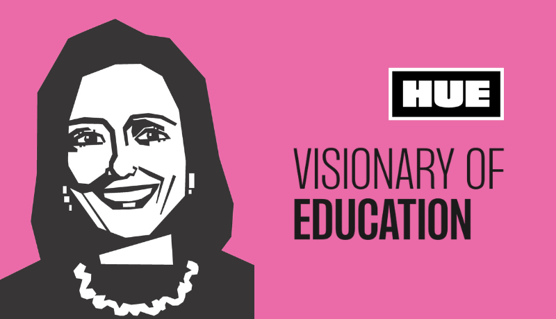 illustration of President Brown with text Visionary of Education and Hue logo