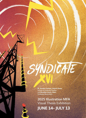 poster for Syndicate exhibition featuring illustration of radio tower with lightning type bolts coming from the tower