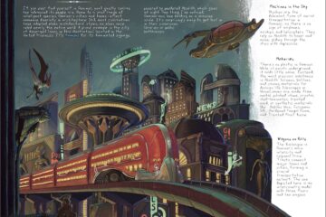 illustration of a modernistic train moving through a town
