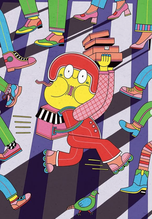 colorful illustration of a figure crossing a busy street