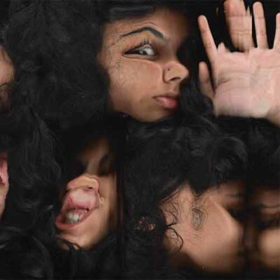 photo of person with their face pushed against a glass in multiple positions