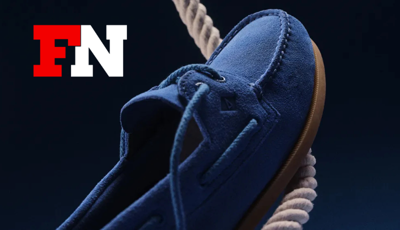 Blue suede boat shoe laying on a rope; FN logo