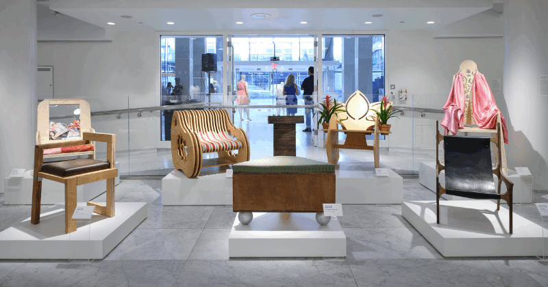 six chairs in the Adapt/Evolve exhibition gallery that each have adaptive design qualities