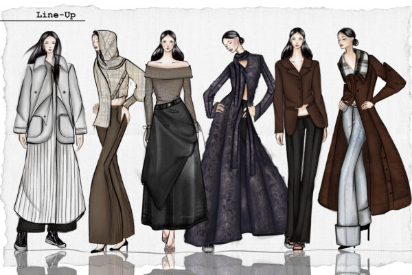 Six dramatic sketches of coats and dresses