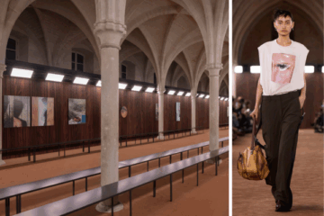 event space for Acne Studios s/s 2026 runway show with work by Pacifico Silano on the walls
