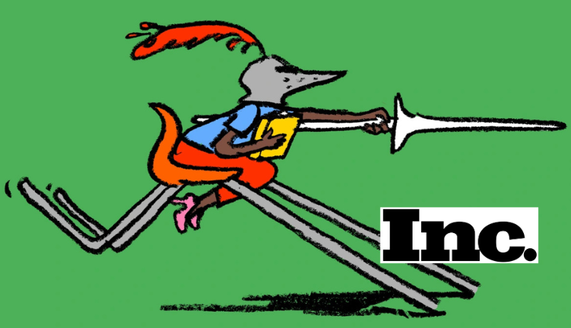 Illustration by Ryan Gillett of a woman of color in a school chair who is dressed in an Arthurian knight's helmet with a jousting stick in one hand and a book in another; Inc. logo