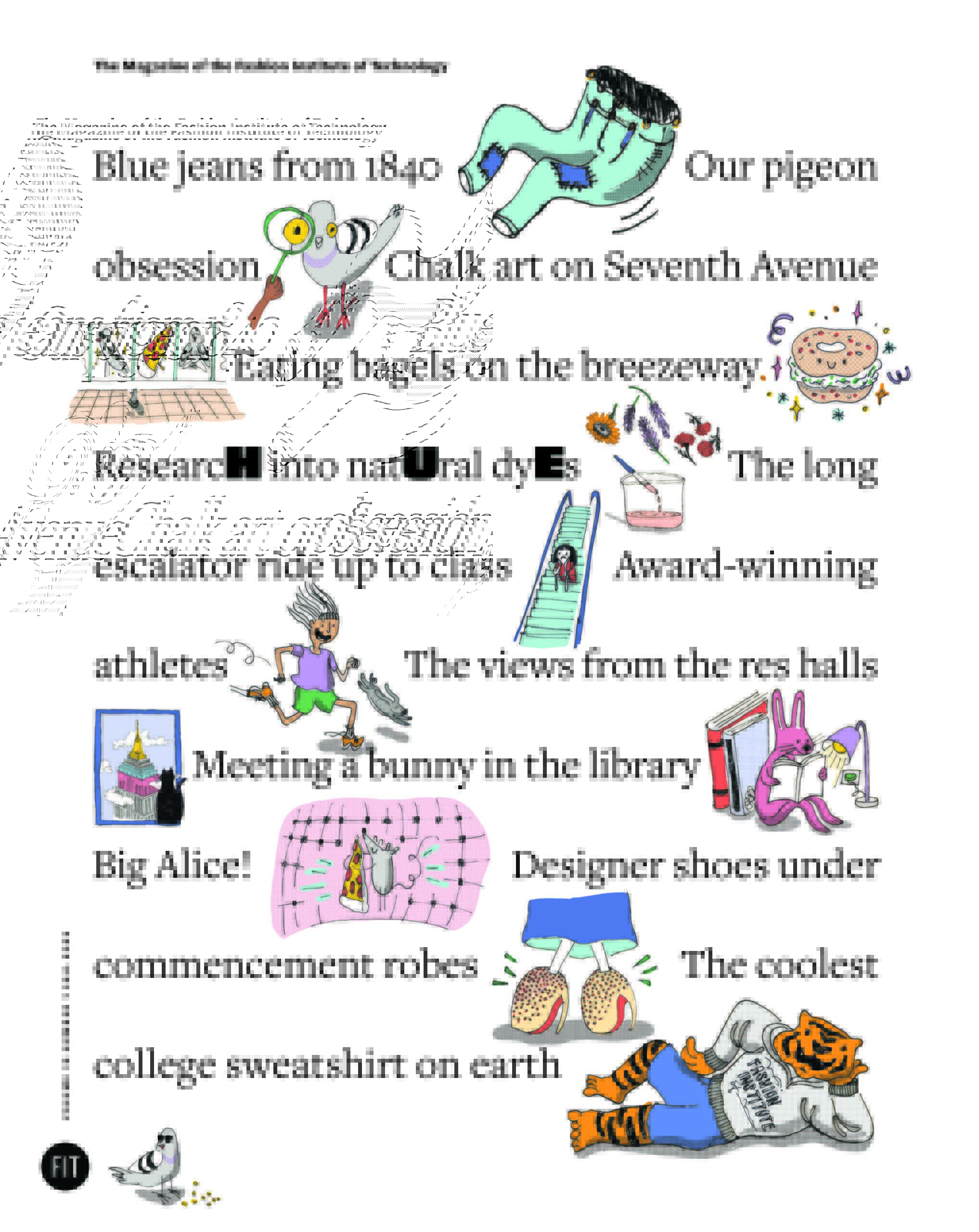 cover of Hue's fall 2025 issue featuring several cute illustrations of FIT icons and text describing FIT highlights from the issue